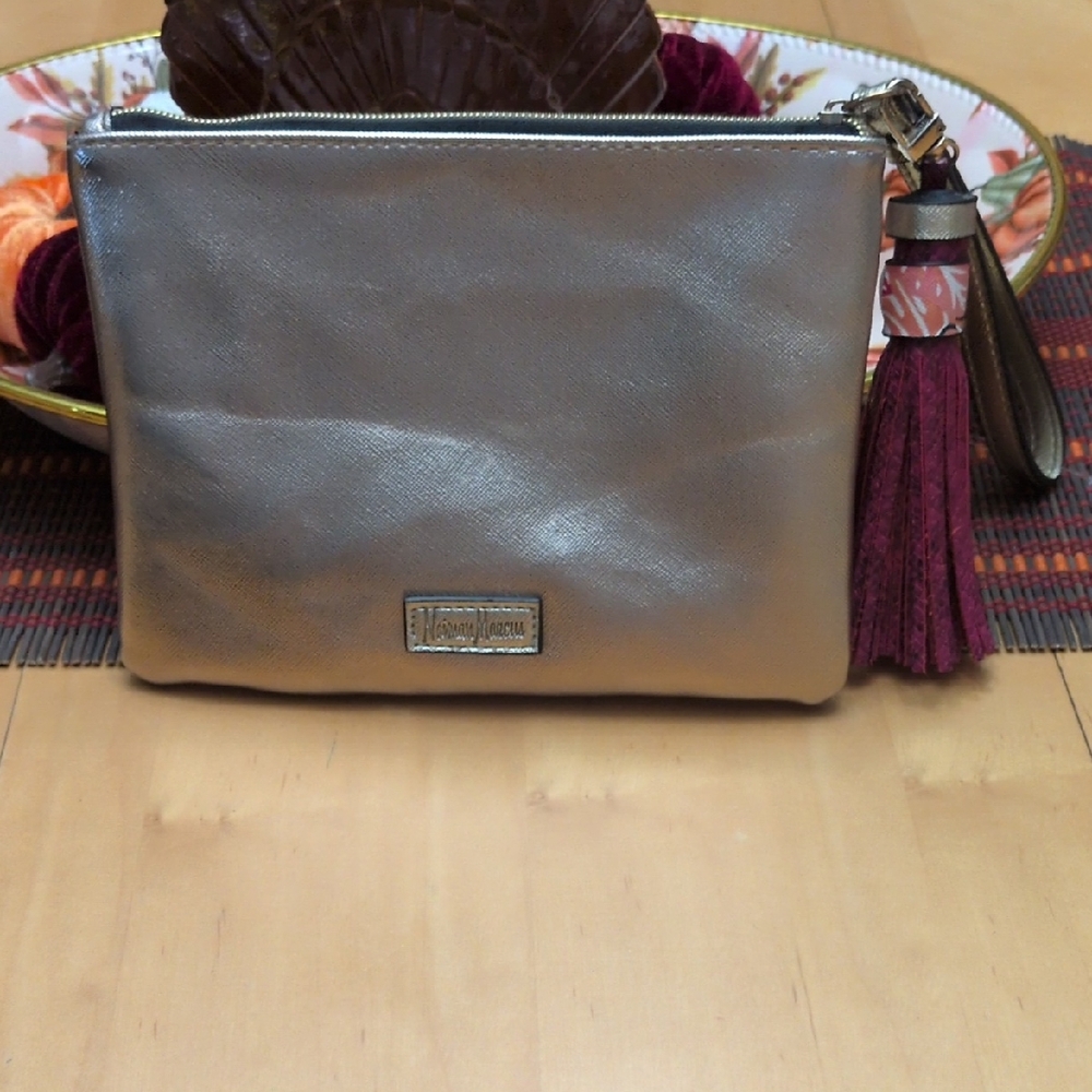 Neiman Marcus Gold Clutch with Burgundy Tassel
